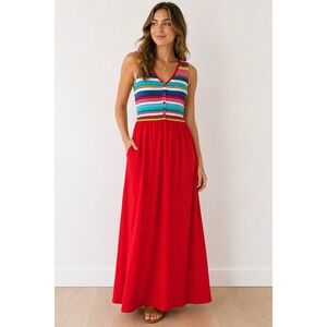 Hanna Andersson Maxi Dress S Red Stripe Boho Retro Tie Back Cotton Mod Summer